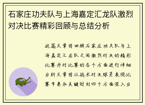 石家庄功夫队与上海嘉定汇龙队激烈对决比赛精彩回顾与总结分析